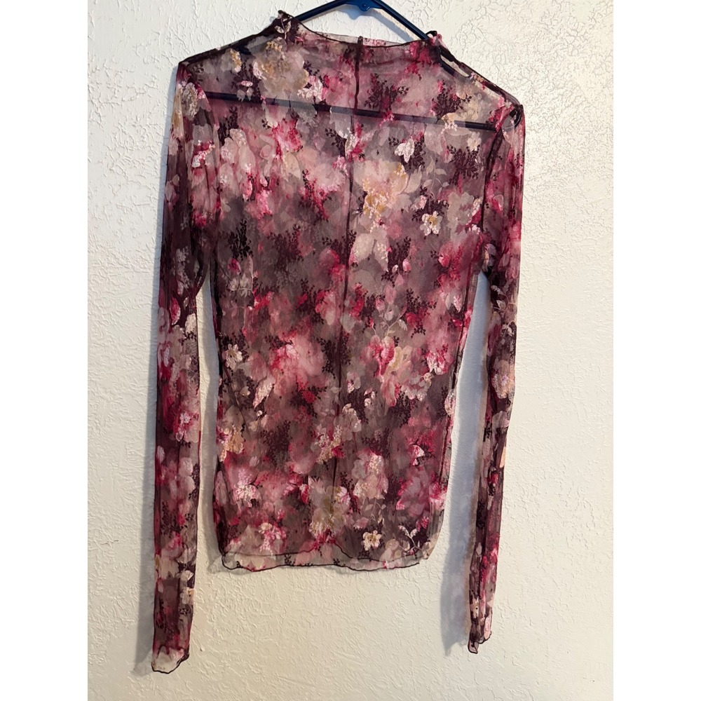 Intimately Free People Sheer Floral Mesh Long Sleeve Mock Neck Top Burgundy L